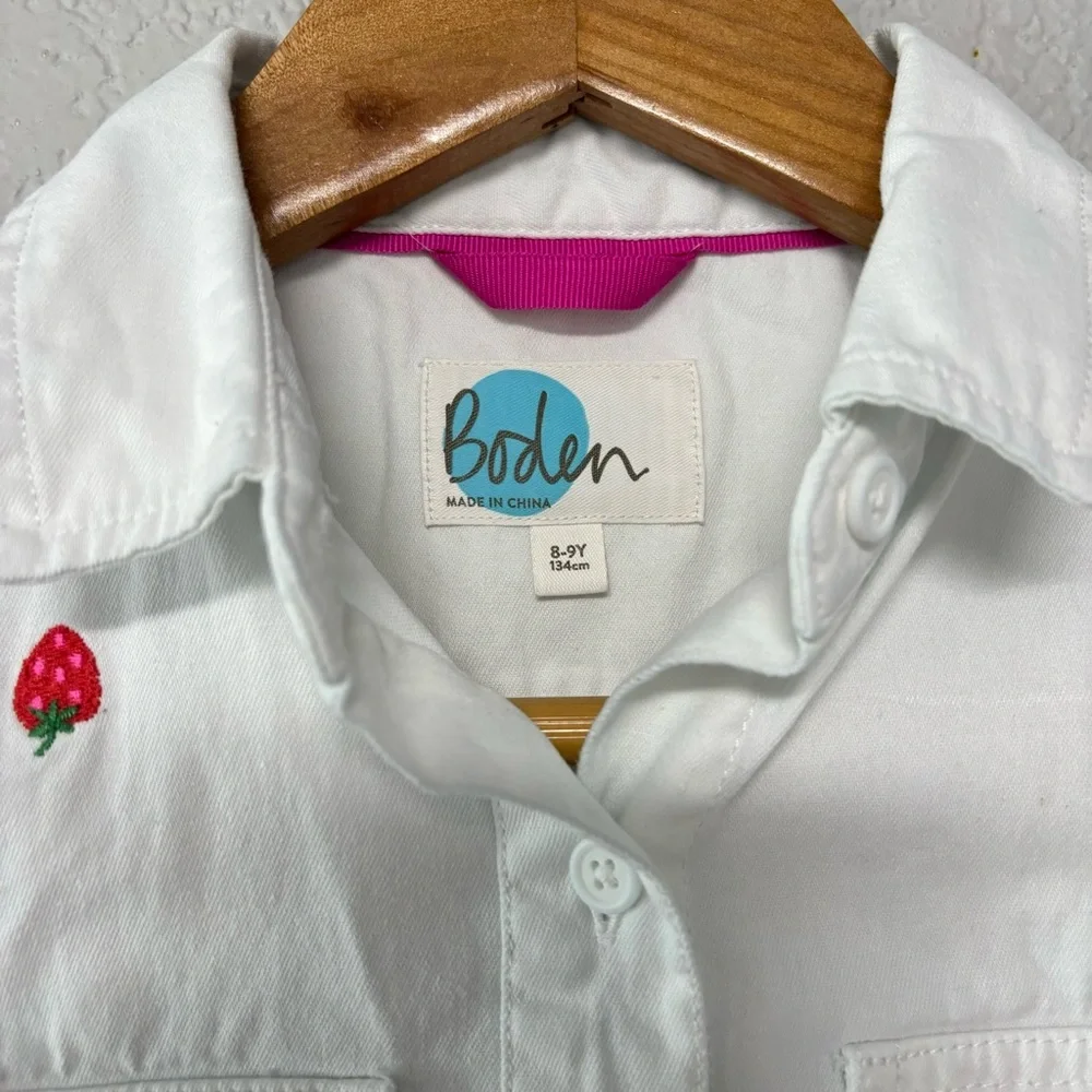 Boden Pink Striped Strawberry Print Relaxed Cotton Button Front‎ Shirt Girls 8-9